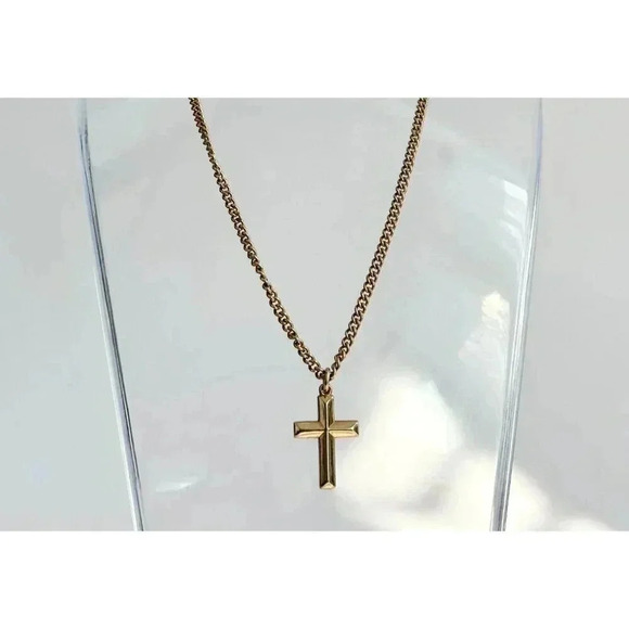 Vintage Gold Toned Chainlink Cross Choker Style Pendant Necklace - 13" - Picture 7 of 7